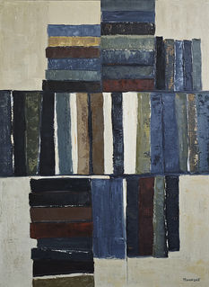 Bibliothèque abstraite réalisée par Sophie Dumont. Cette huile sur toile de 81 x 60 cm présente une composition épurée de livres stylisés organisés en bandes horizontales et verticales. Les nuances de bleu grisé, noir, brun, vert olive et ivoire créent un équilibre subtil entre structure géométrique et matière texturée. Les superpositions de couches et les effets de patine confèrent à l'œuvre une profondeur silencieuse et contemplative.