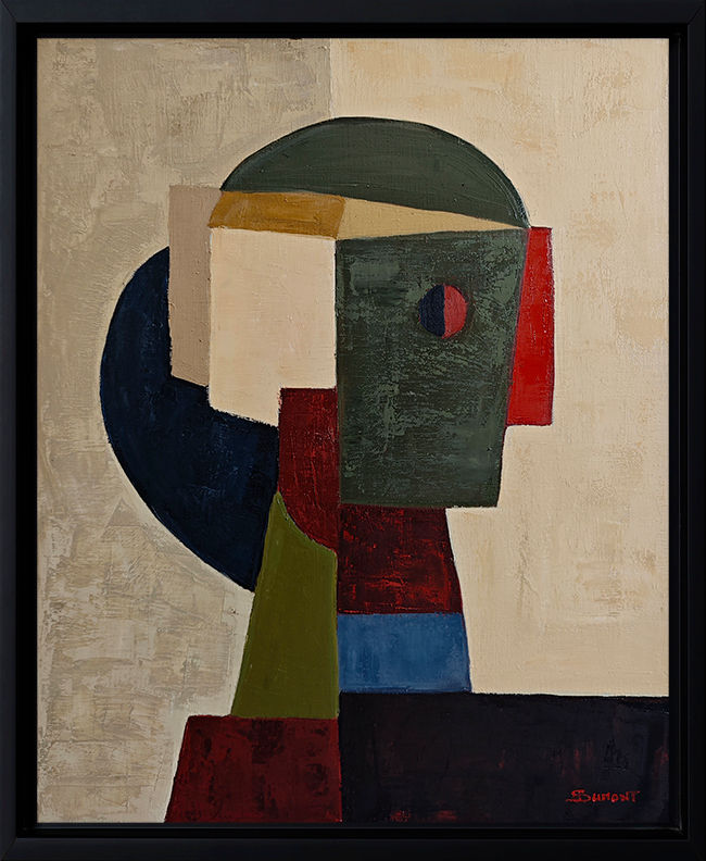 Peinture abstraite géométrique Le Veilleur de Sophie Dumont, huile sur toile 61 × 50 cm, évoquant un visage