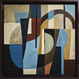 Peinture géométrique abstraite de Sophie Dumont composée de formes arrondies et de structures verticales dans des tons bleu profond, ocre, rouge et beige.