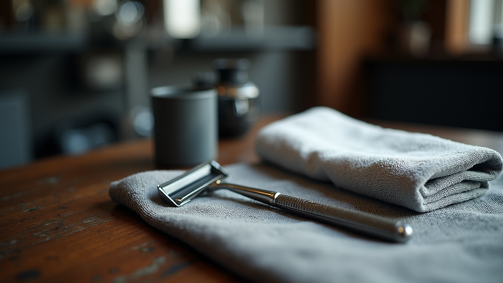Close-up view of barber tools and hot towel ready for shave