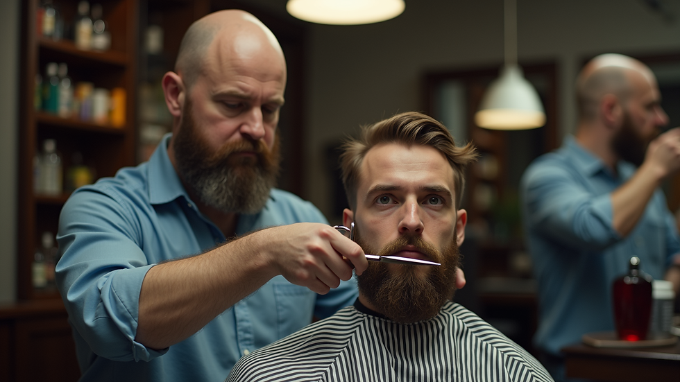 High angle view of a barber cutting hair with scissors in a cozy barbershop