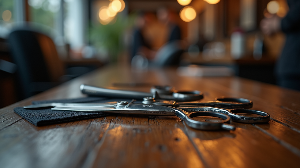 Close-up view of barber tools neatly arranged on a wooden counter