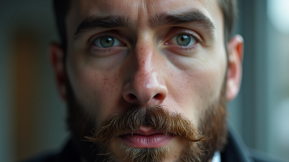 Eye-level view of a man with a styled beard emphasizing his round face shape