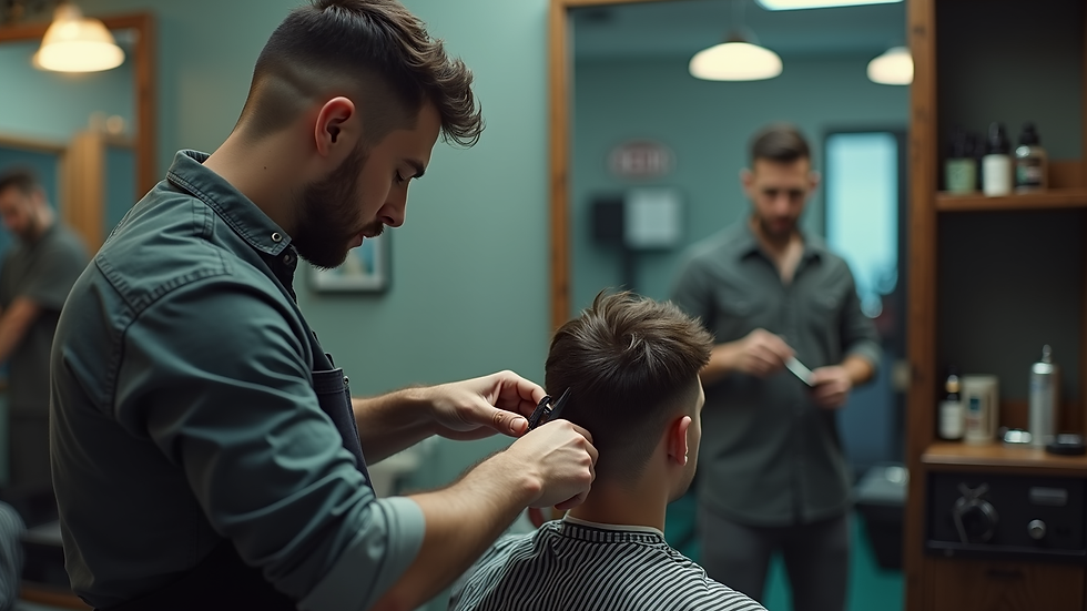 High angle view of a barber cutting hair with scissors in a bright barbershop