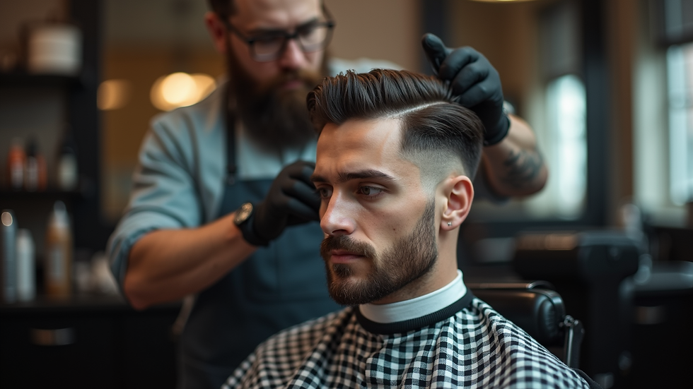 Eye-level view of a barber blending a regular fade haircut on a client