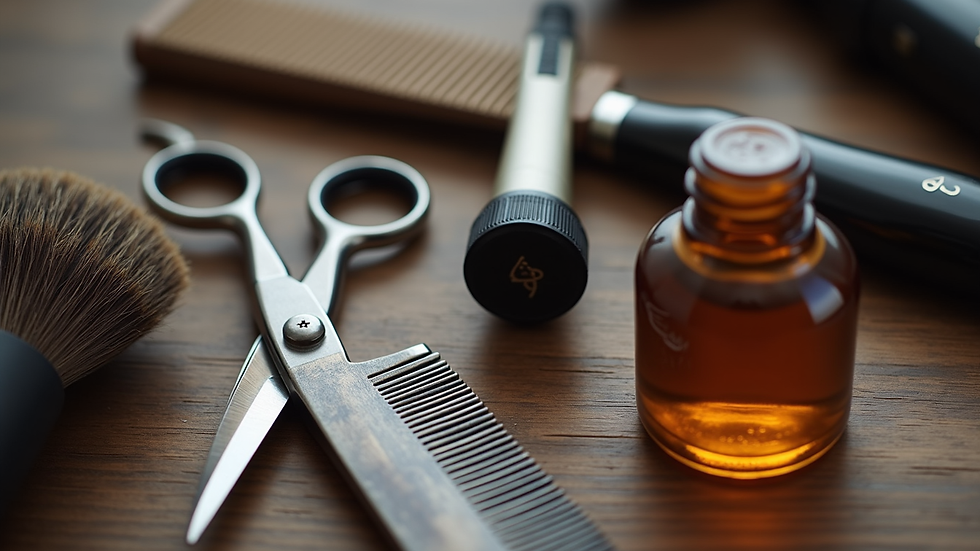 High angle view of grooming tools including scissors, comb, and beard oil on a wooden surface