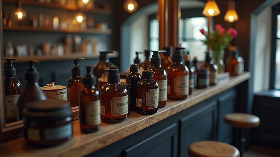 High angle view of grooming products displayed on a shelf in a barber shop