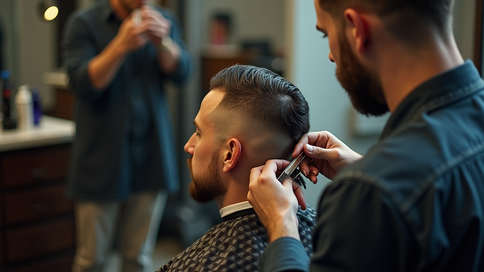 High angle view of a barber finishing a skin fade haircut in East Village