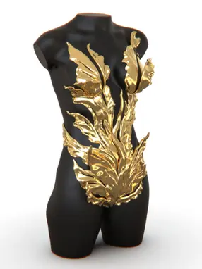 Rendering of some golden body armour inspired by petals, on a mannequin.