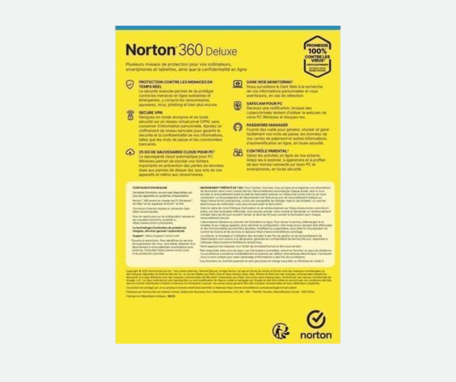 Antivirus - SYMANTEC - Norton 360 Deluxe 2025 - 1 An - 3 Appareils