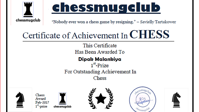 Win 1st Prize In Chess -2017 chess mugclub