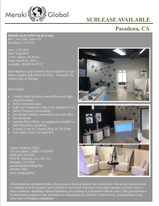 OLD TOWN PASADENA SUBLEASE