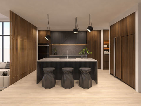 Modern kitchen with monolithic island, wood cabinetry, slatted details, integrated appliances, and sculptural pendant lighting in a warm contemporary interior.