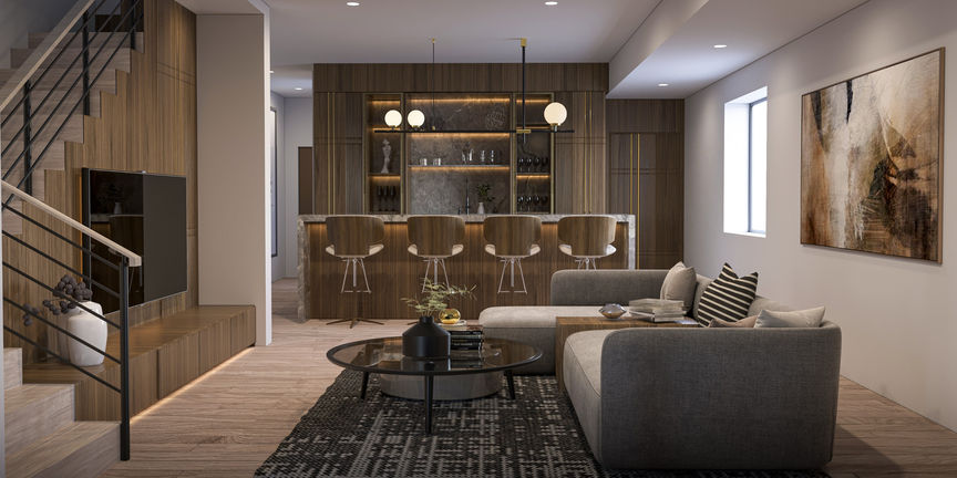 Modern basement lounge with wet bar, wood paneling, built-in shelving, and contemporary seating in a warm minimalist interior design.