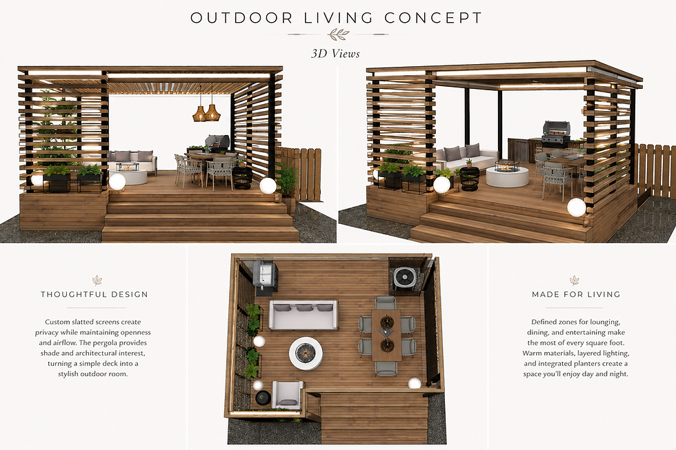 Concept Development | These SketchUp perspectives illustrate the design intent behind the project, exploring how a compact builder-grade deck can be transformed into a functional outdoor living room. The 3D model allowed us to refine circulation, furniture placement, privacy, and architectural features before creating the final photorealistic renderings.