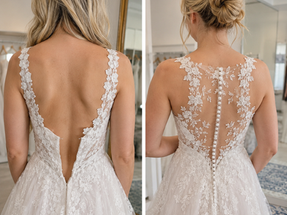 Before and after wedding dress alteration showing a too-small lace gown corrected with an illusion back panel, lace appliqué, and button closure on a blonde bride - Studio RÉN