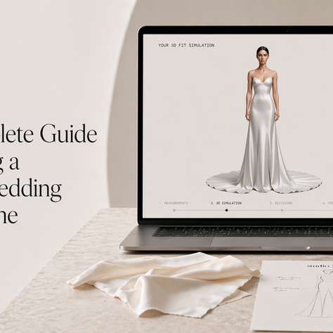Laptop showing a 3D wedding dress preview with custom bridal design notes, Studio RÉN online custom wedding dress process