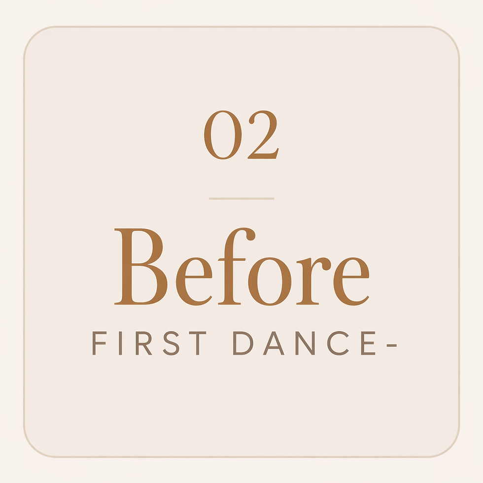 Wedding timeline card labeled before first dance for planned outfit transformation