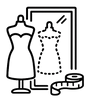 Dress on a mannequin with a mirror and measuring tape, representing in-person fittings for traditional custom bridal