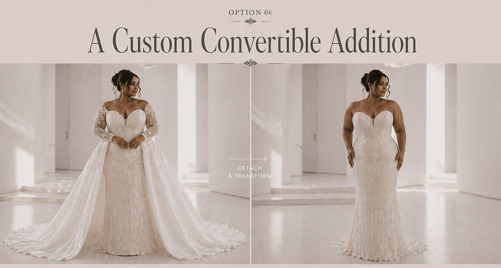 Plus size bride in wedding gown with custom detachable overskirt removed, showing convertible dress transformation in modern white space