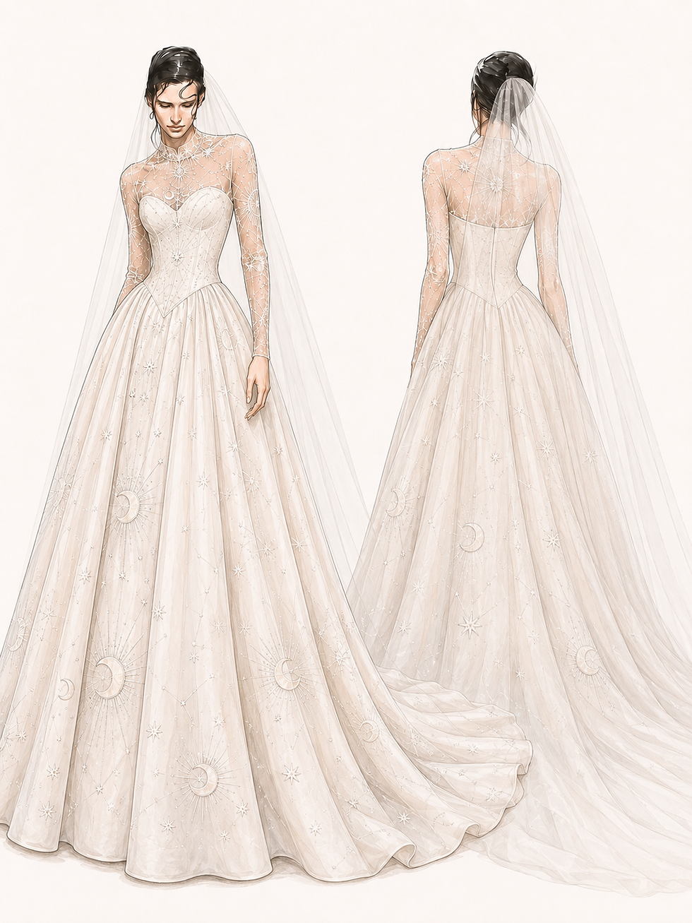Front-and-back illustration of a high-neck, long-sleeve celestial ball-gown wedding dress with a sweetheart corset, basque waist, embroidered tulle skirt, and long plain sheer veil.