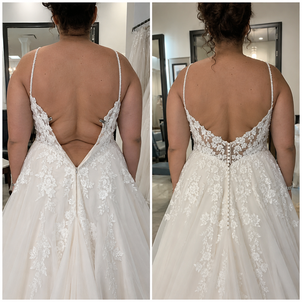 Before and after wedding dress alteration showing a too-small lace wedding gown corrected with a higher back panel, button closure, and improved fit through the bodice - Studio RÉN