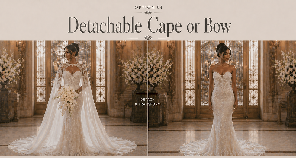 Beaded wedding gown with detachable cape removed, showing transformation from dramatic ceremony look to sleek fitted dress in city hall setting