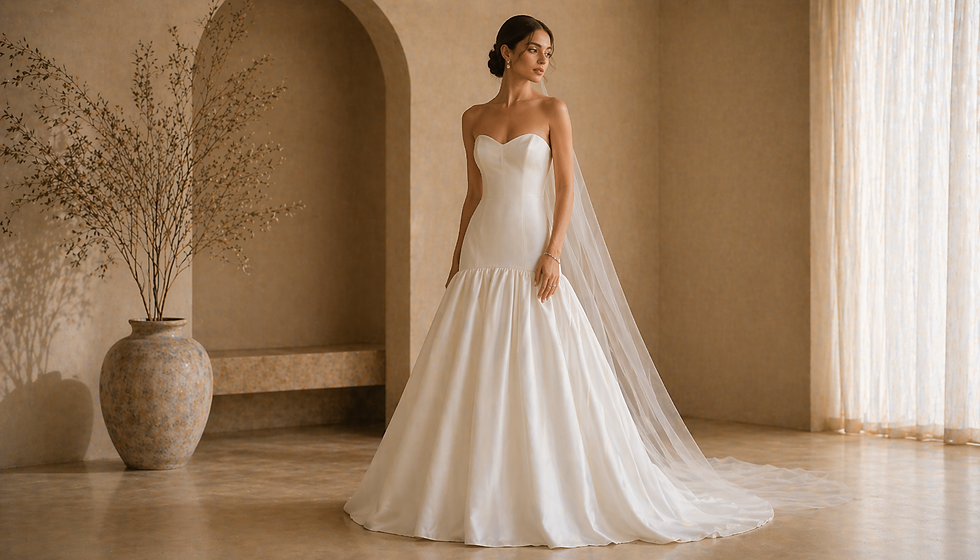 Bride wearing a drop-waist wedding dress with a fitted bodice and lowered waist seam in an elegant neutral bridal interior.