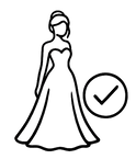 Bride silhouette wearing a gown with a checkmark to indicate approval of fit and design