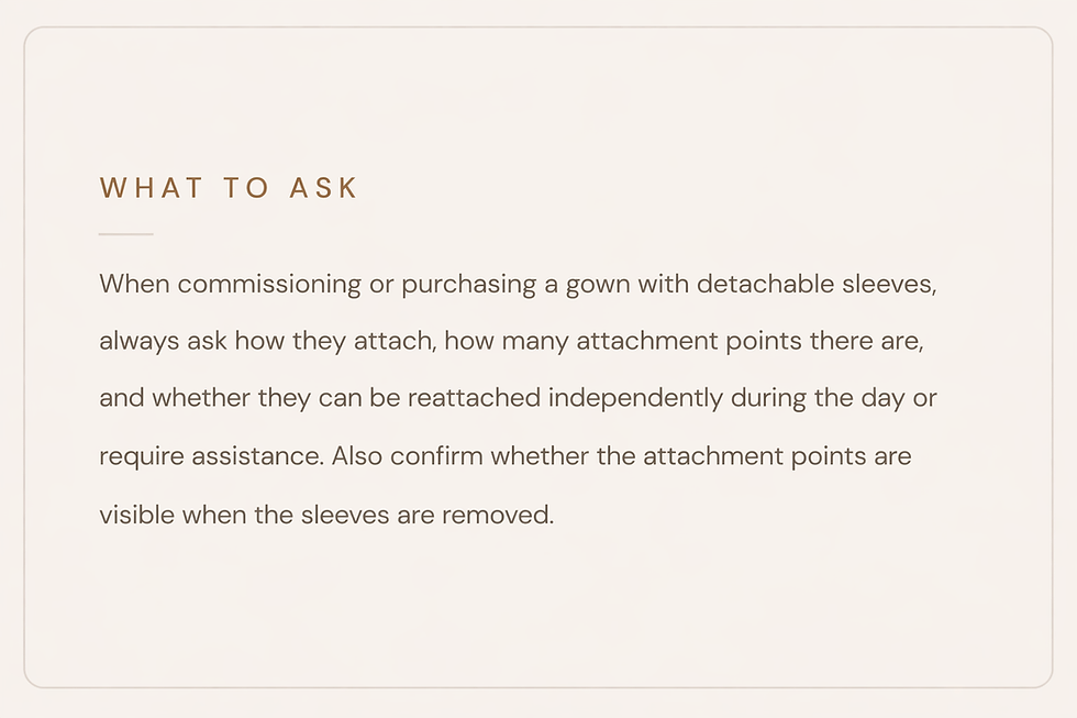 Minimal bridal guide card with checklist on detachable sleeve attachments, visibility, and ease of reattachment