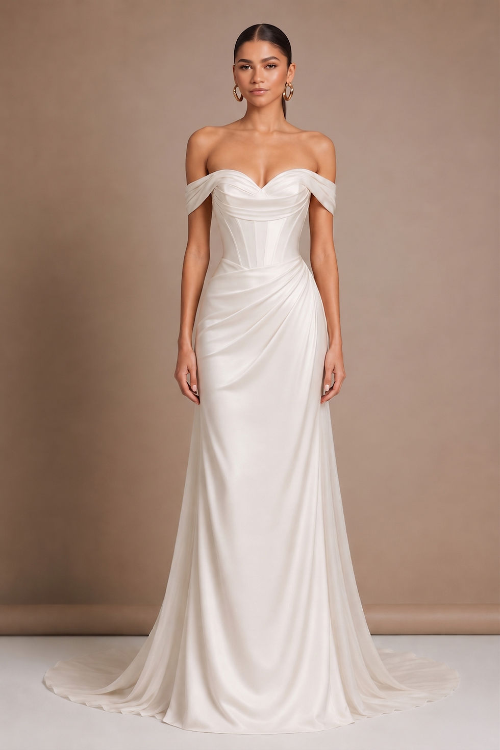 Zendaya in a white Vivienne Westwood off-the-shoulder corset gown at the 2015 Oscars, used as a bridal style reference for a Zendaya wedding dress prediction by Studio RÉN