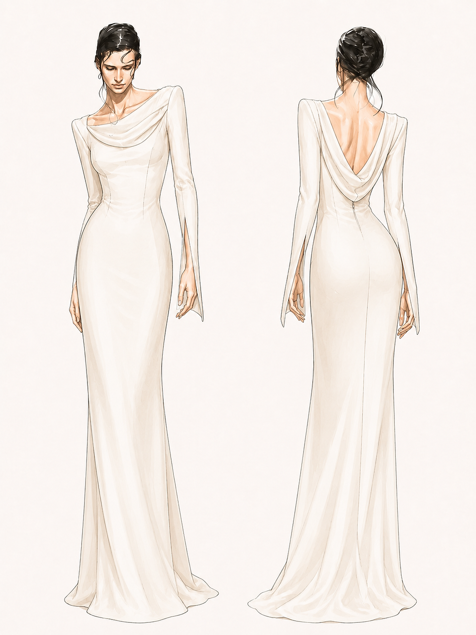Front and back fashion illustration of a Hestia-inspired wedding dress with a softly folded cowl neckline, long split sleeves, fitted crepe column silhouette, low draped cowl back, and restrained floor-length train.