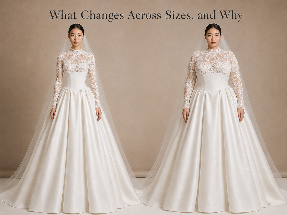 Wedding dress size comparison showing the same lace long-sleeve ball gown on two bridal body sizes, with high illusion neckline, floral lace bodice, basque waist corset, full satin skirt, floor-length veil, and Studio RÉN.