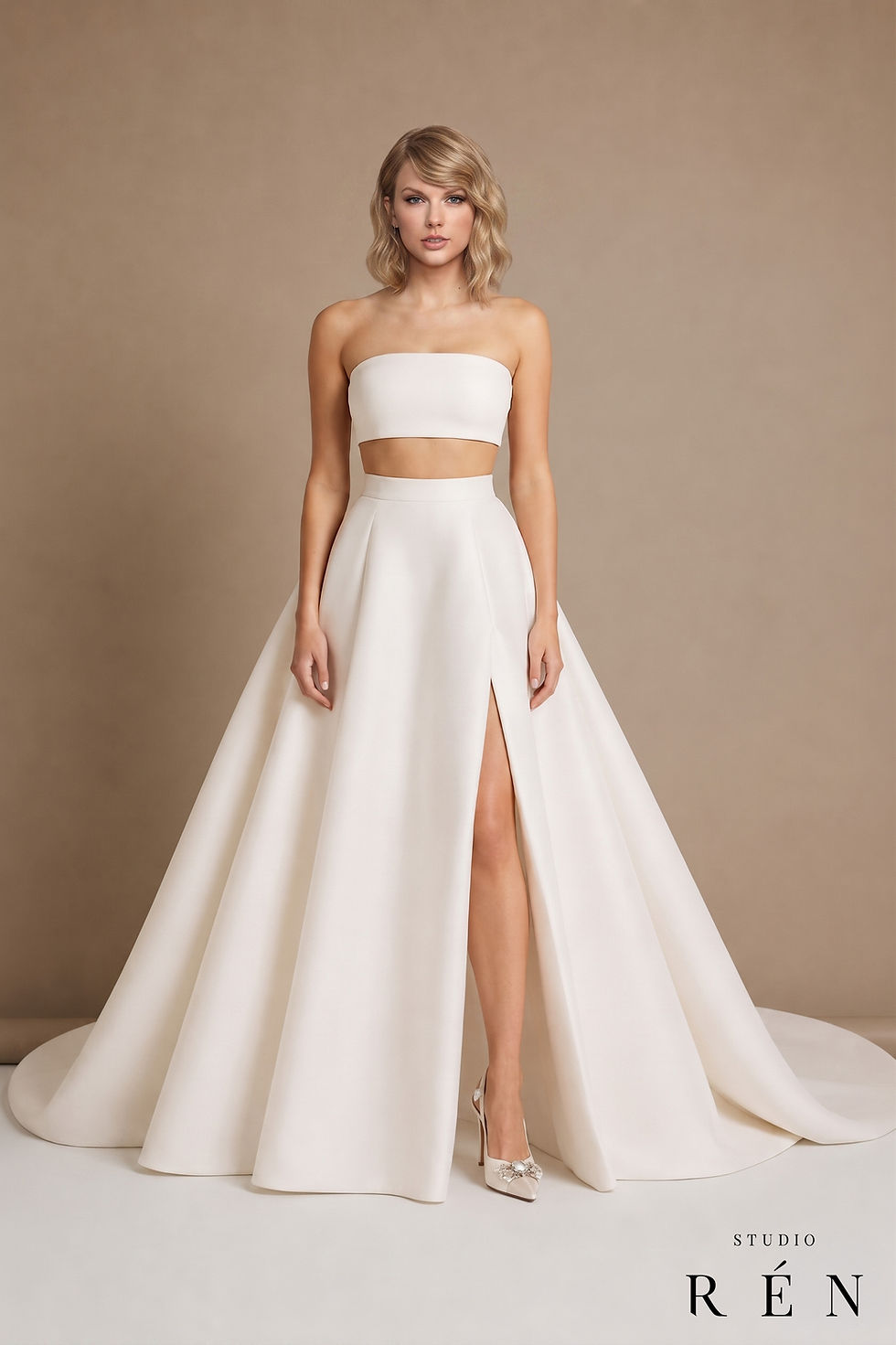 Taylor Swift bridal separates wedding dress prediction inspired by 2016 Atelier Versace, custom crop top and skirt bridal look- Studio RÉN