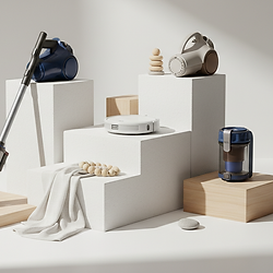 a collection of cleaning products, vacuum, cleaning supplies.