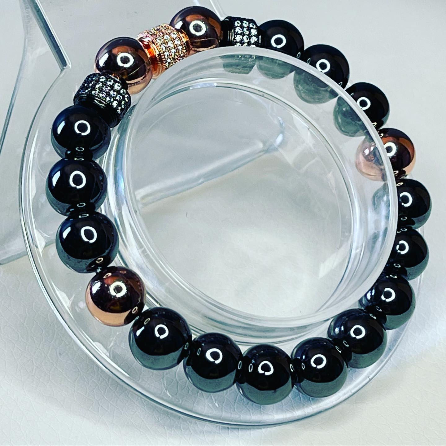 Rose gold and black hematite…. 