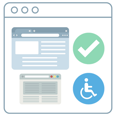 Illustrazione digitale astratta che rappresenta un’analisi tecnica di un sito web, con elementi visivi che richiamano accessibilità, check, connessioni e icone di interfaccia. Colori dominanti blu e azzurro.