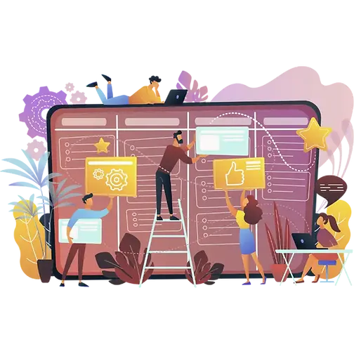Team di persone che lavora alla progettazione di un sito web con interfaccia grafica e icone digitali . Ragnatela Digitale con sede a Padova.