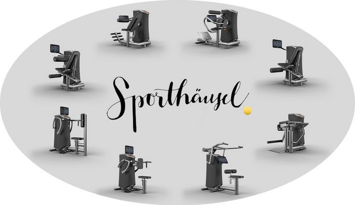 8 EGYM Geräte im Kreis aufgebaut. In der Mitte ist das Sporthäusel Logo.