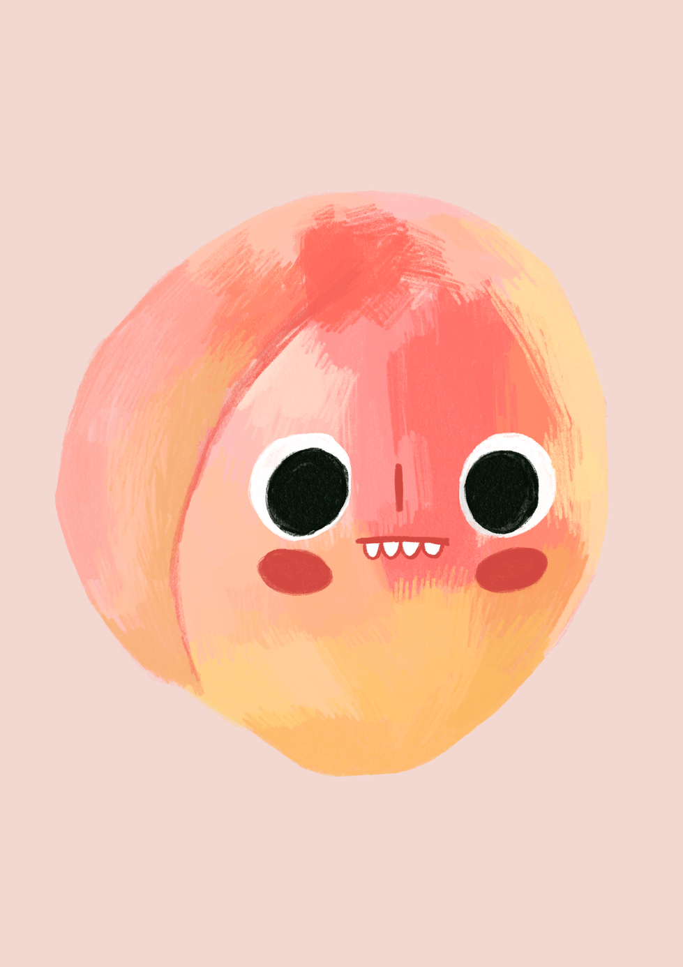 Flat illustration of a peach with large eyes, rosy cheeks, and small teeth on a pale pink background.