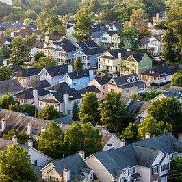 Aerial view of house roofs in suburban n