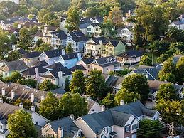 Aerial view of house roofs in suburban n