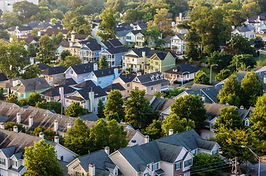 Aerial view of house roofs in suburban n