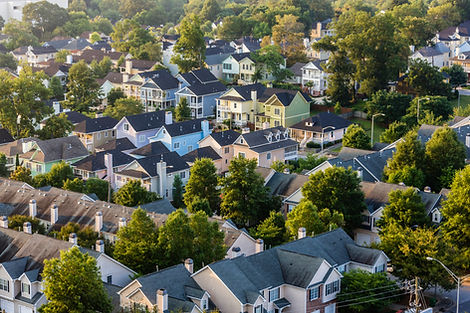 Aerial view of house roofs in suburban n