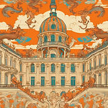 Versailles is an enchanted palace with dragons flying above and colors are beige and orange