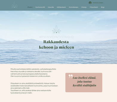 serene seascape, cloudy sky, company logo in front.