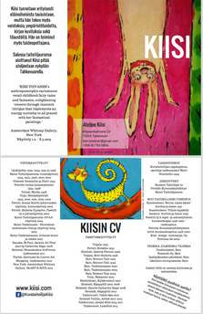Picture from two sides of the brochure. In the pictures, a yellow hare hanging with its head down on a pink background. In the second picture, a yellow tabby cat is walking on a curving red carpet.