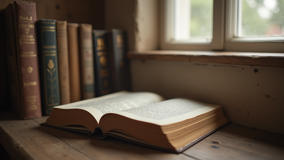Close-up view of a cozy reading nook with a stack of books
