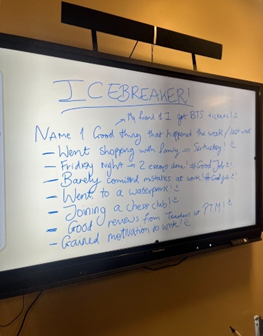 Interactive whiteboard that reads 'Icebreaker!@ followed by multiple bullet points.