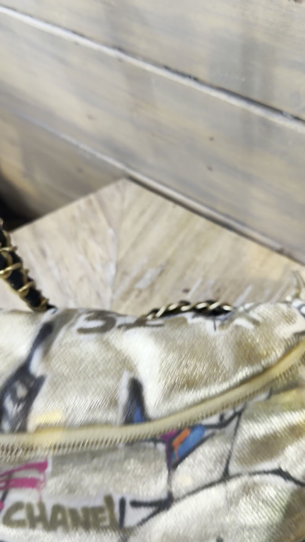 Thumbnail: Chanel Metallic Graffiti Canva Pouch in Gold and Multicolor